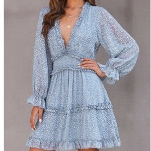 Women Light Blue & White  Details Ruffle and Cut out Back Dress. SIZE M